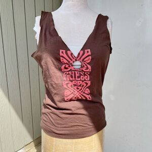 Guess Y2K Vintage Cotton Tee Tank Art Deco Graphic Rhinestone Embellished - LG
